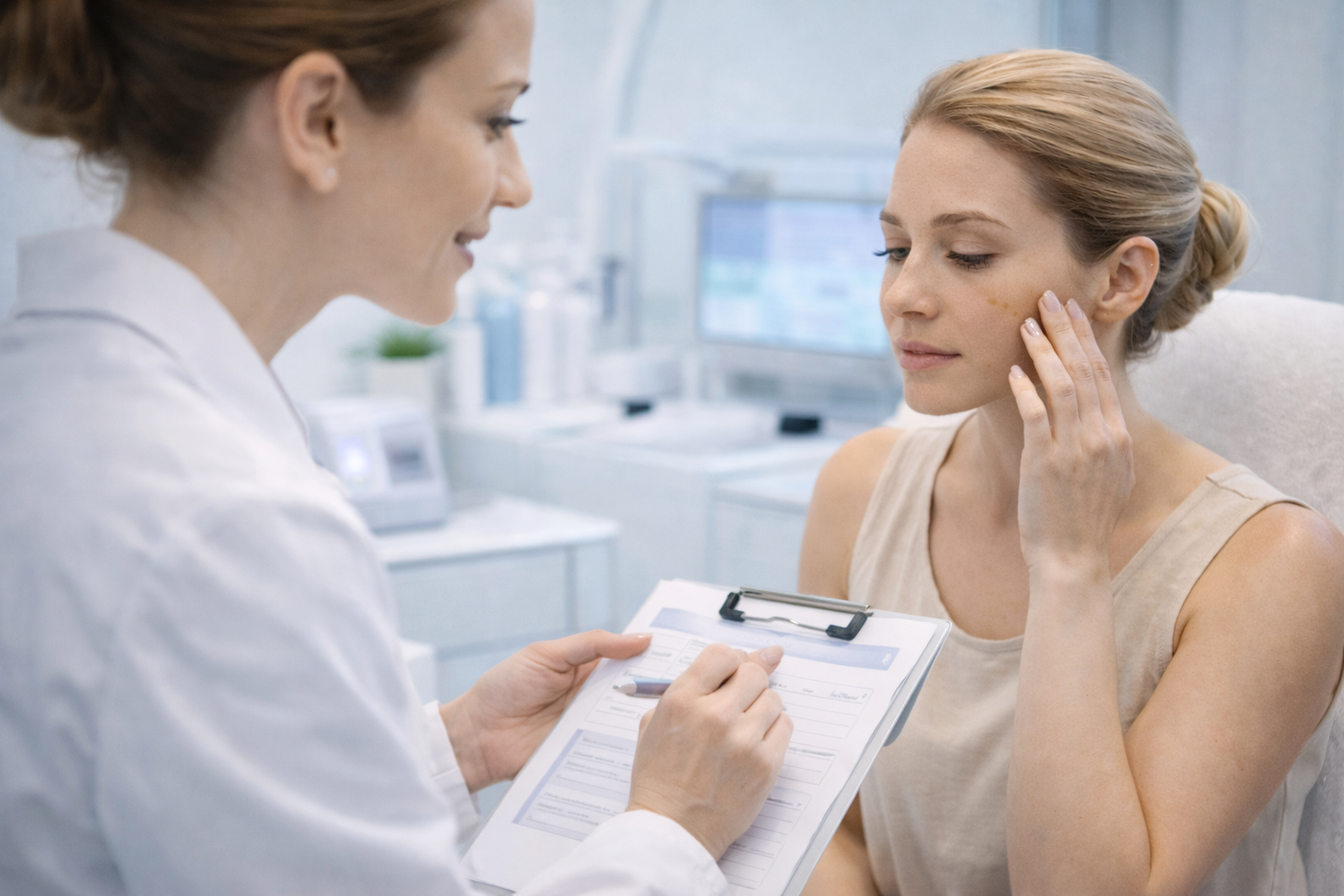 A calming image of a skincare consultation, where a person is attentively listening to a dermatologist, symbolizing personalized care and understanding.
